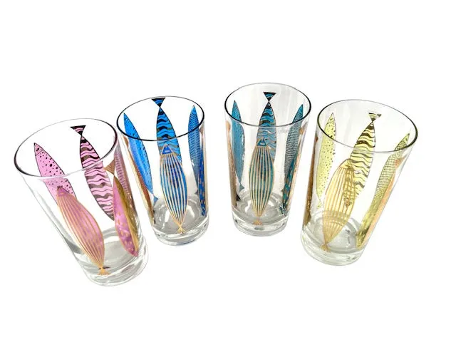 Fred Press Signed Mid-Century Fish Glasses (Set of 4)