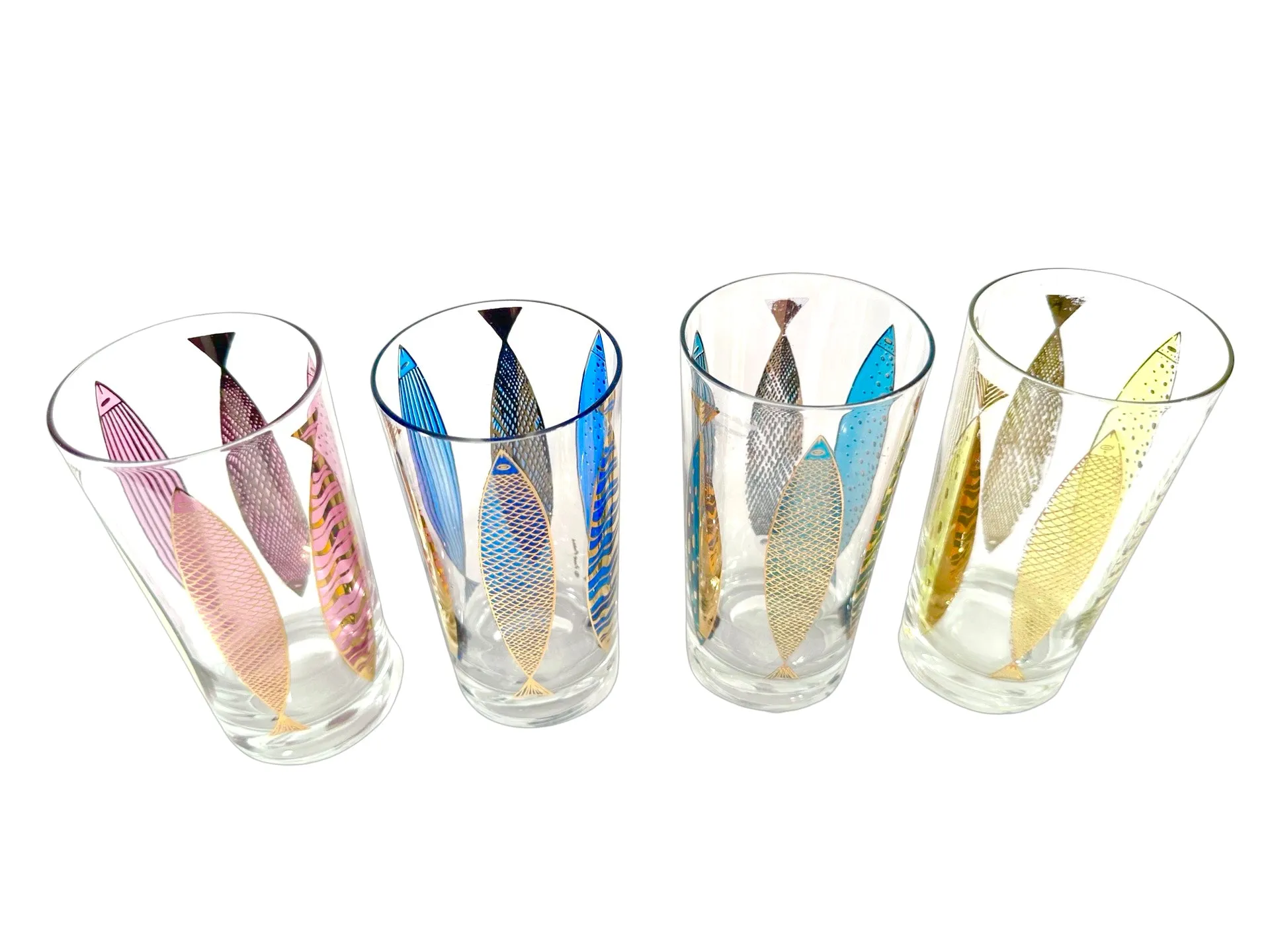 Fred Press Signed Mid-Century Fish Glasses (Set of 4)