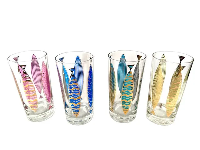 Fred Press Signed Mid-Century Fish Glasses (Set of 4)