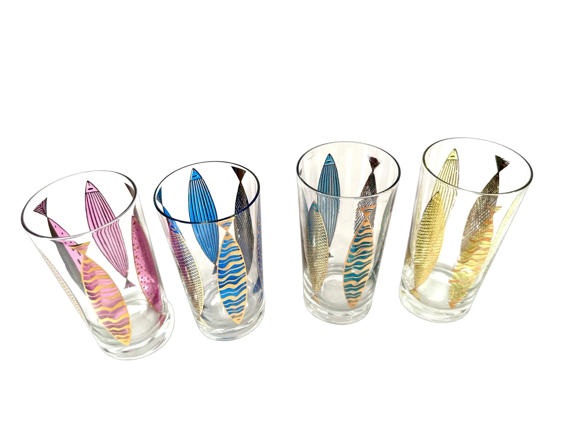 Fred Press Signed Mid-Century Fish Glasses (Set of 4)