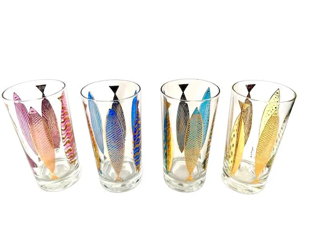 Fred Press Signed Mid-Century Fish Glasses (Set of 4)