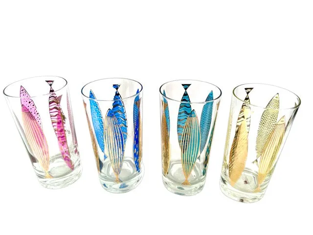 Fred Press Signed Mid-Century Fish Glasses (Set of 4)