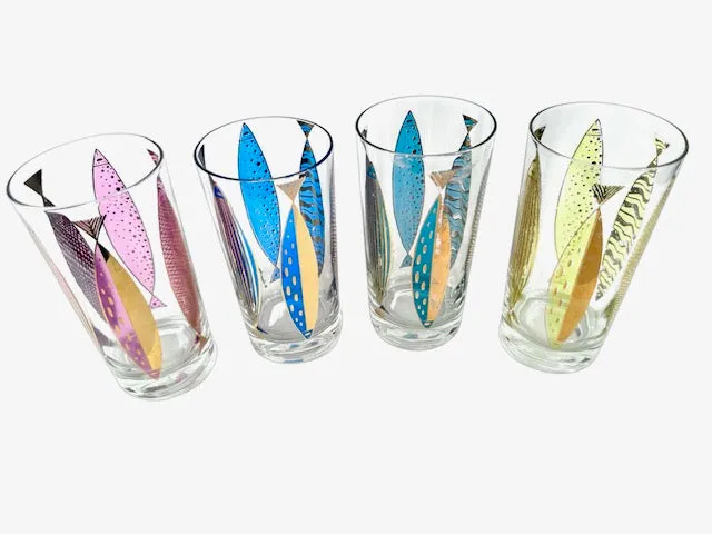 Fred Press Signed Mid-Century Fish Glasses (Set of 4)