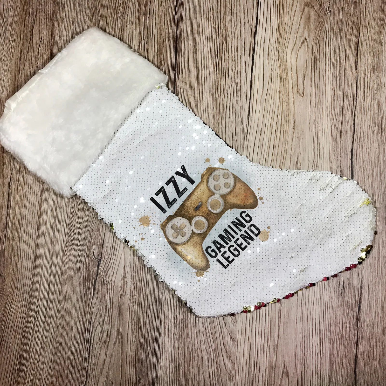 Gaming Legend Personalised Fur Topped Sequin Christmas Stocking