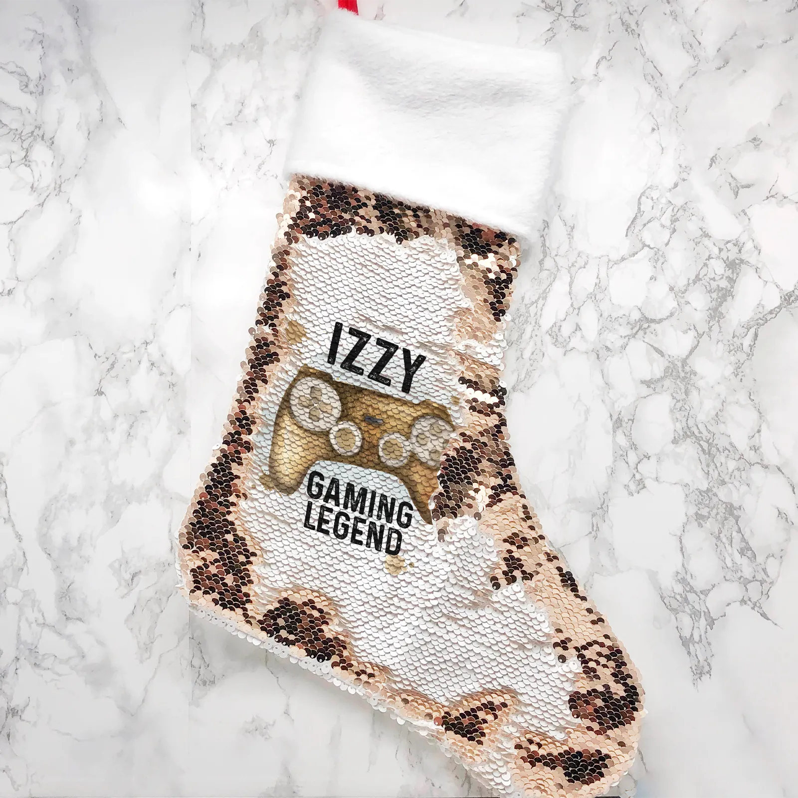 Gaming Legend Personalised Fur Topped Sequin Christmas Stocking