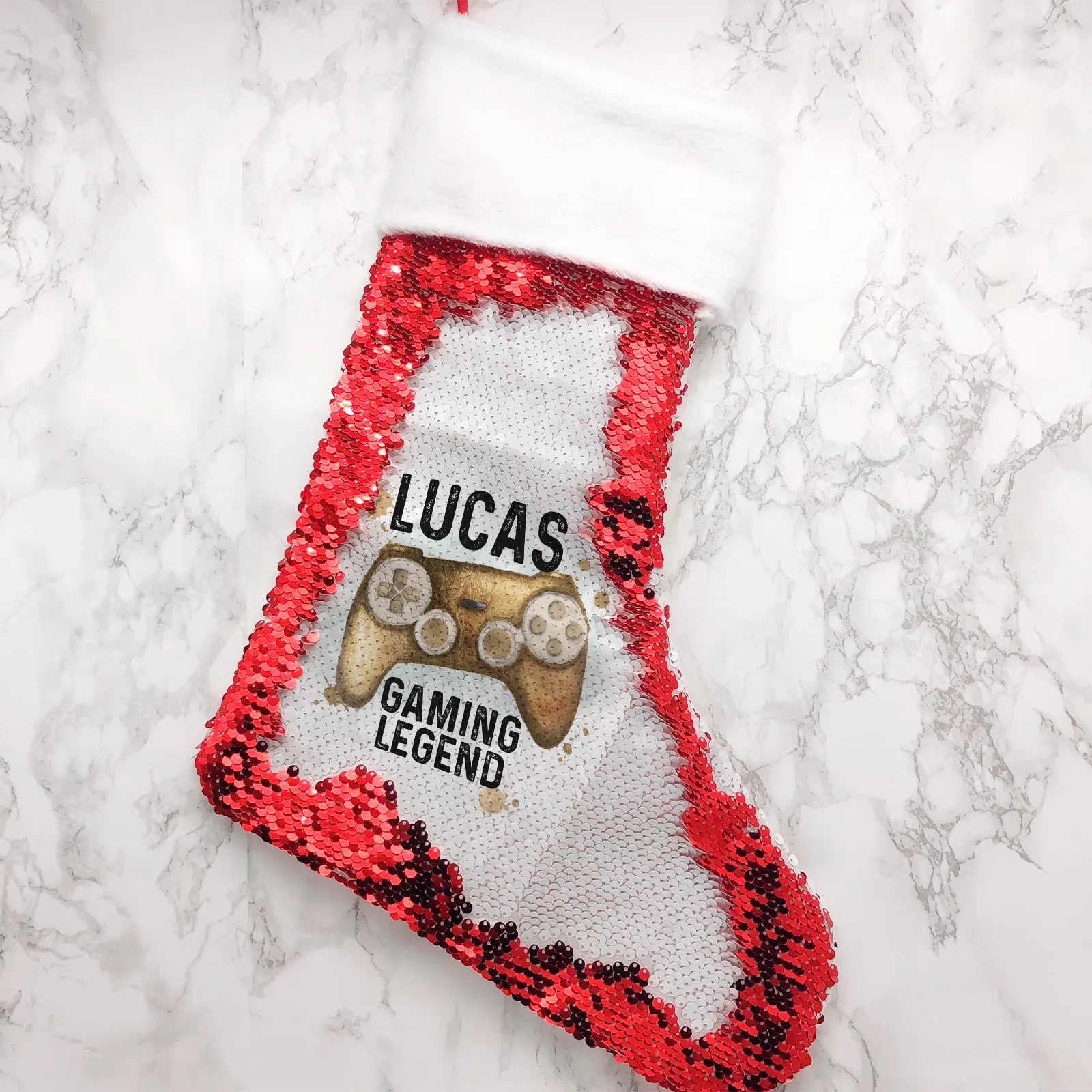 Gaming Legend Personalised Fur Topped Sequin Christmas Stocking