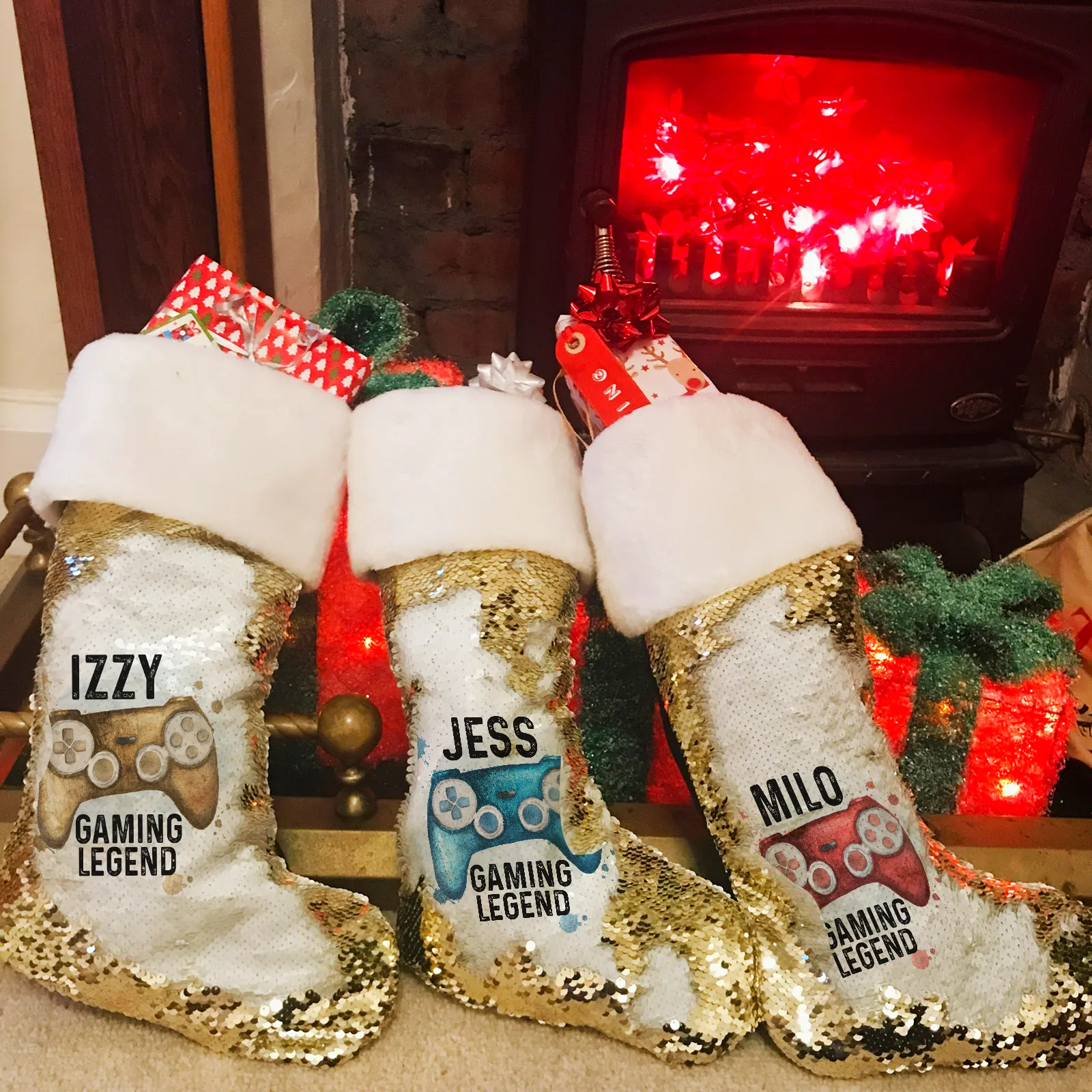 Gaming Legend Personalised Fur Topped Sequin Christmas Stocking