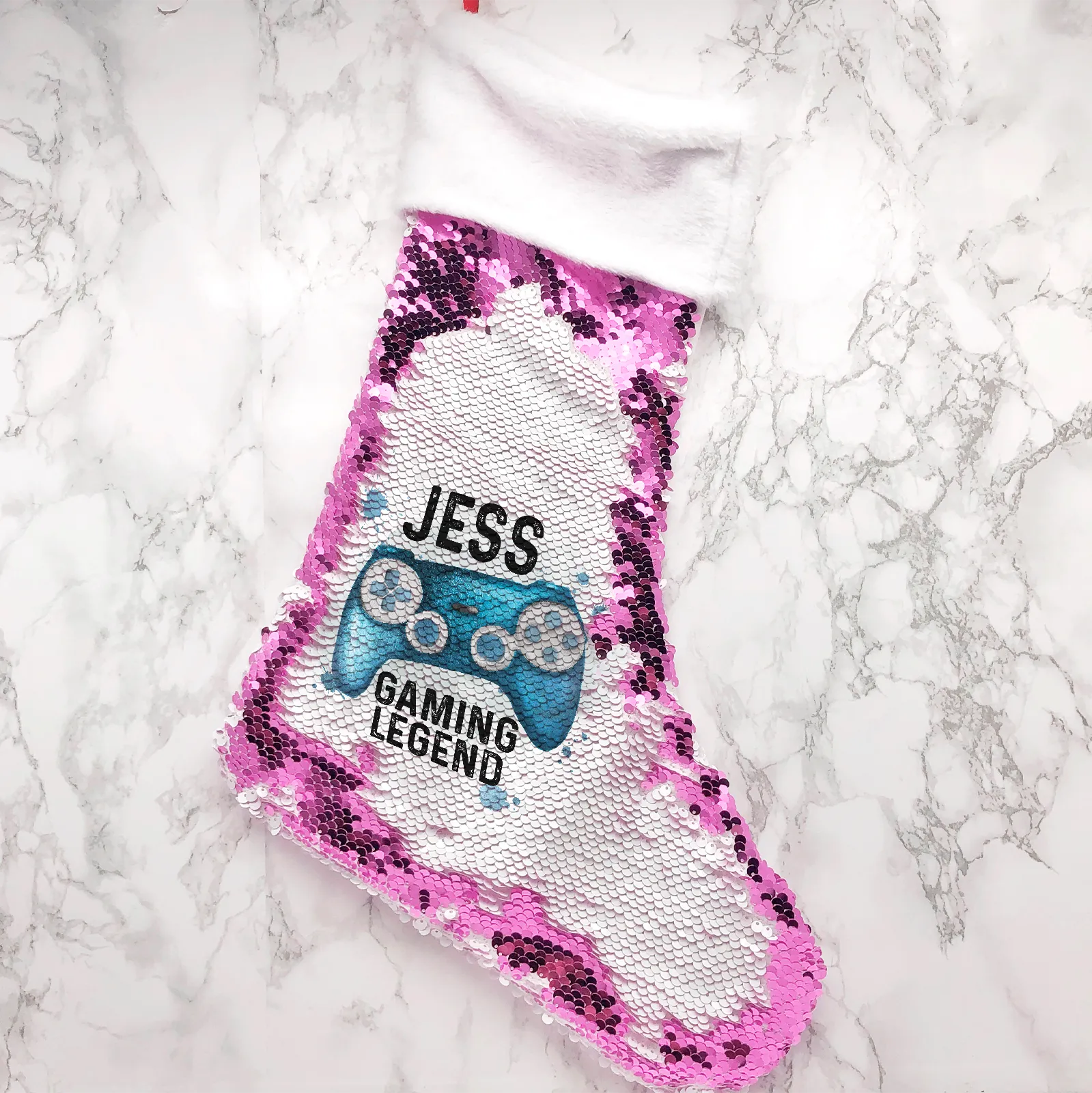 Gaming Legend Personalised Fur Topped Sequin Christmas Stocking