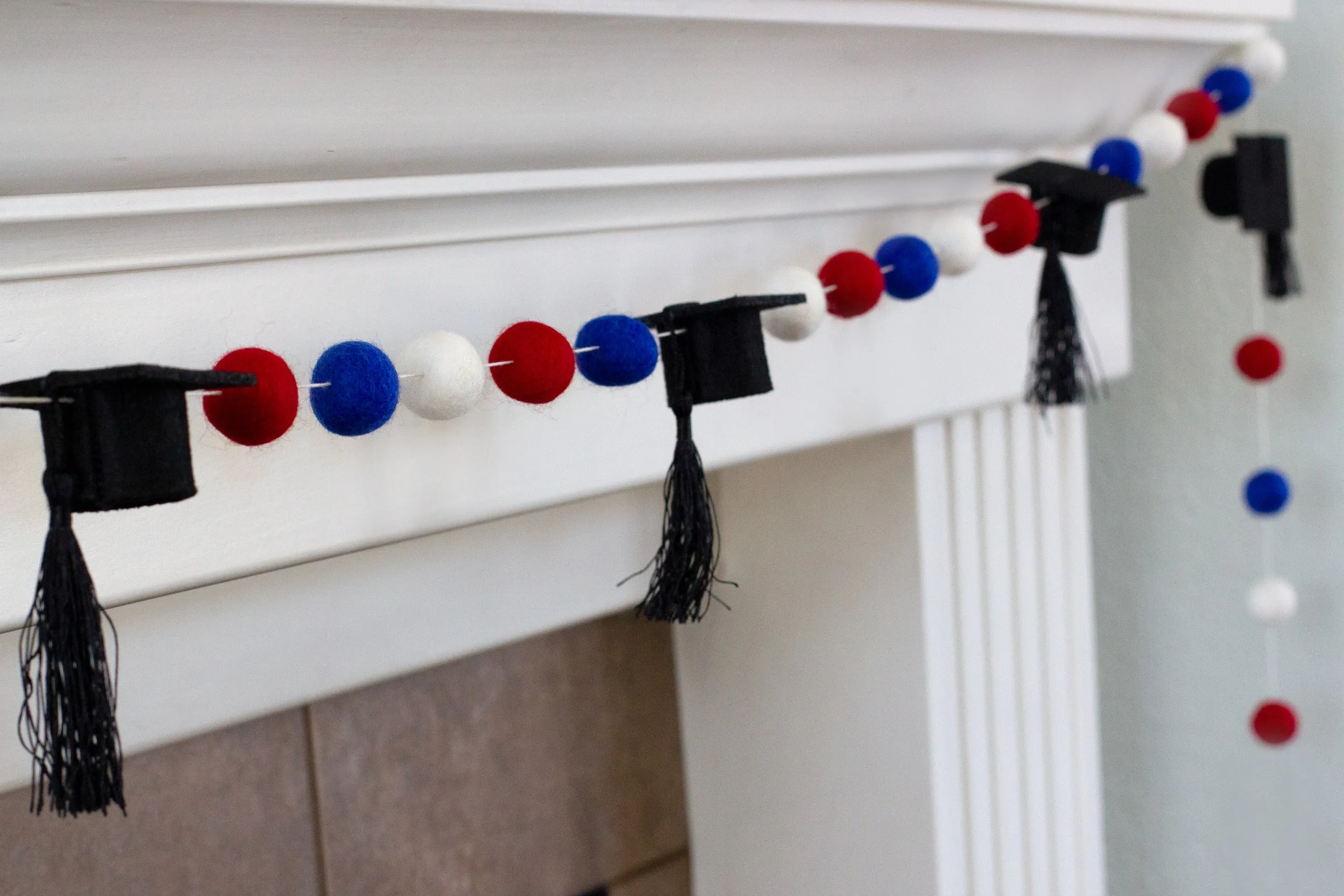 Graduation Cap Felt Garland- Red Blue White with BLACK tassels