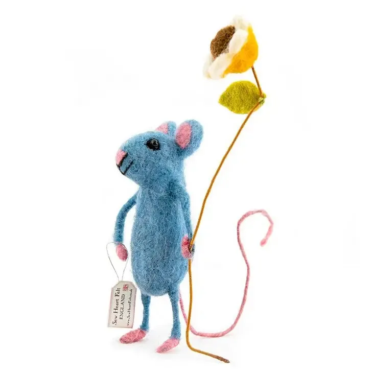 Handcrafted Pretty Blue Felt Mouse with Flower, Nepal