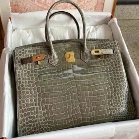 Hermès Birkin 35 Gris Tourterelle Crocodile Porosus Lisse Gold Hardware GHW