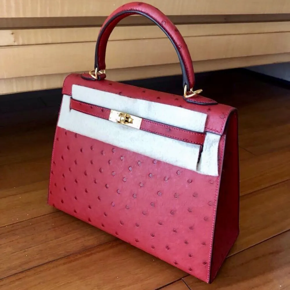 Hermès Kelly 25 Rouge Vif Sellier Ostrich Gold Hardware GHW