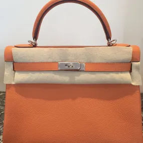 Hermès Kelly 32 Orange Taurillon Clemence Palladium Hardware PHW