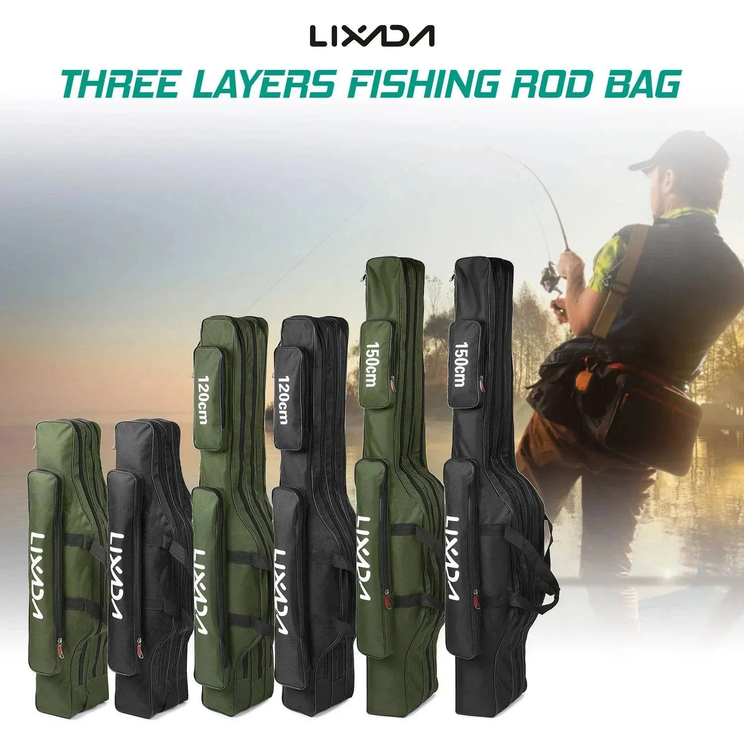 Lixada 3-Layer Portable Folding Fishing Rod Bag 90cm/120cm/150cm Fishing Tackle Case Multifunctional Fishing Rod Bags Case