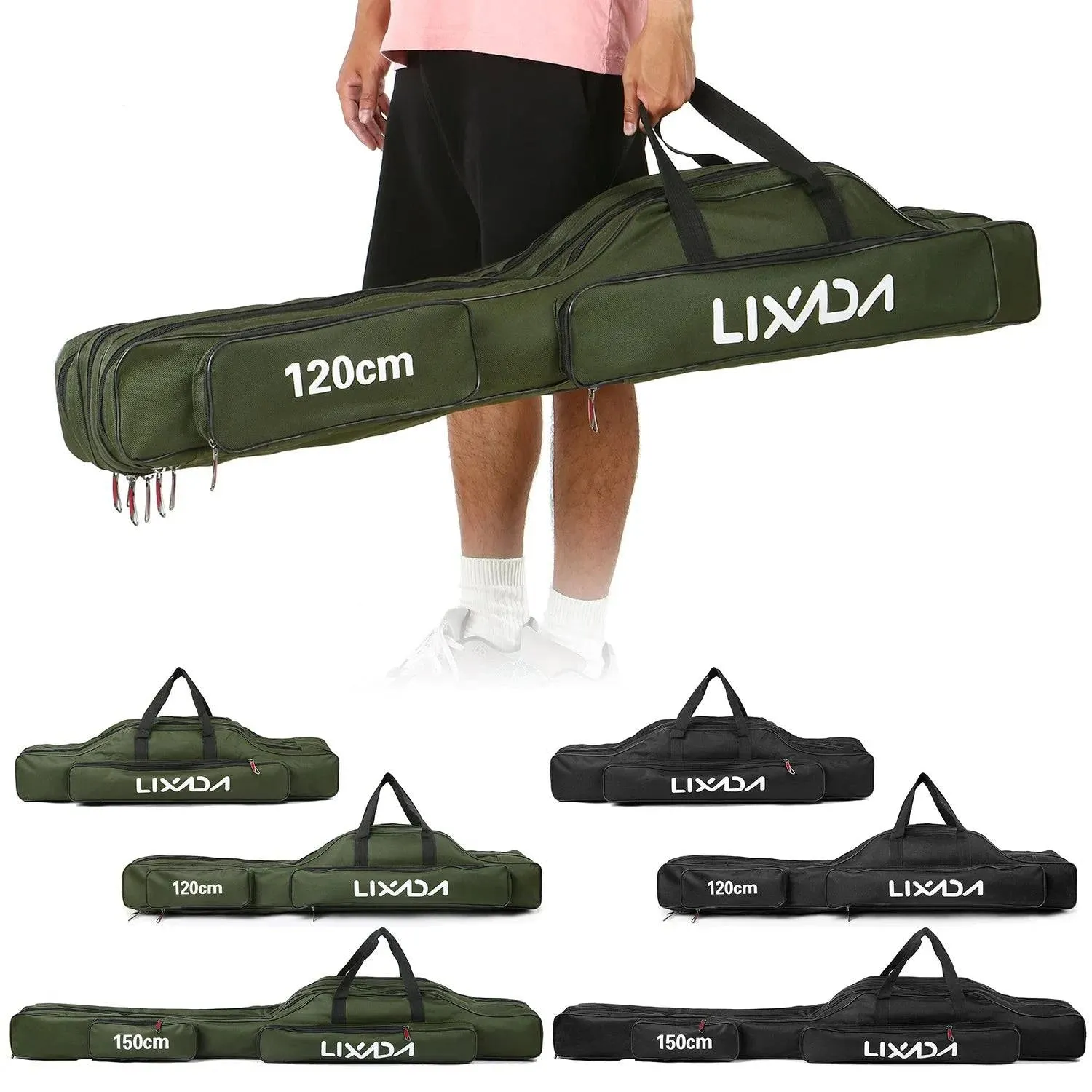 Lixada 3-Layer Portable Folding Fishing Rod Bag 90cm/120cm/150cm Fishing Tackle Case Multifunctional Fishing Rod Bags Case