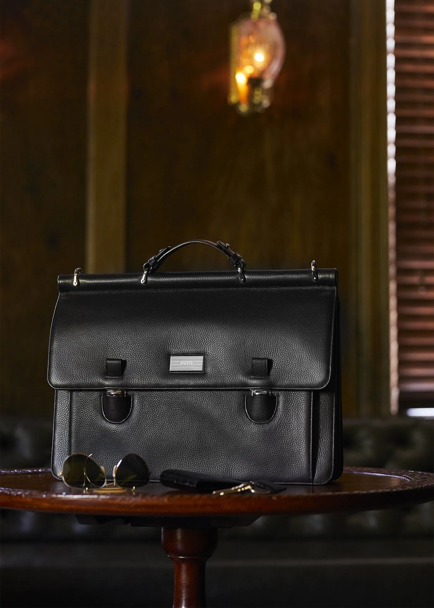 London Dowel-Top Attaché - Black Leather Briefcase