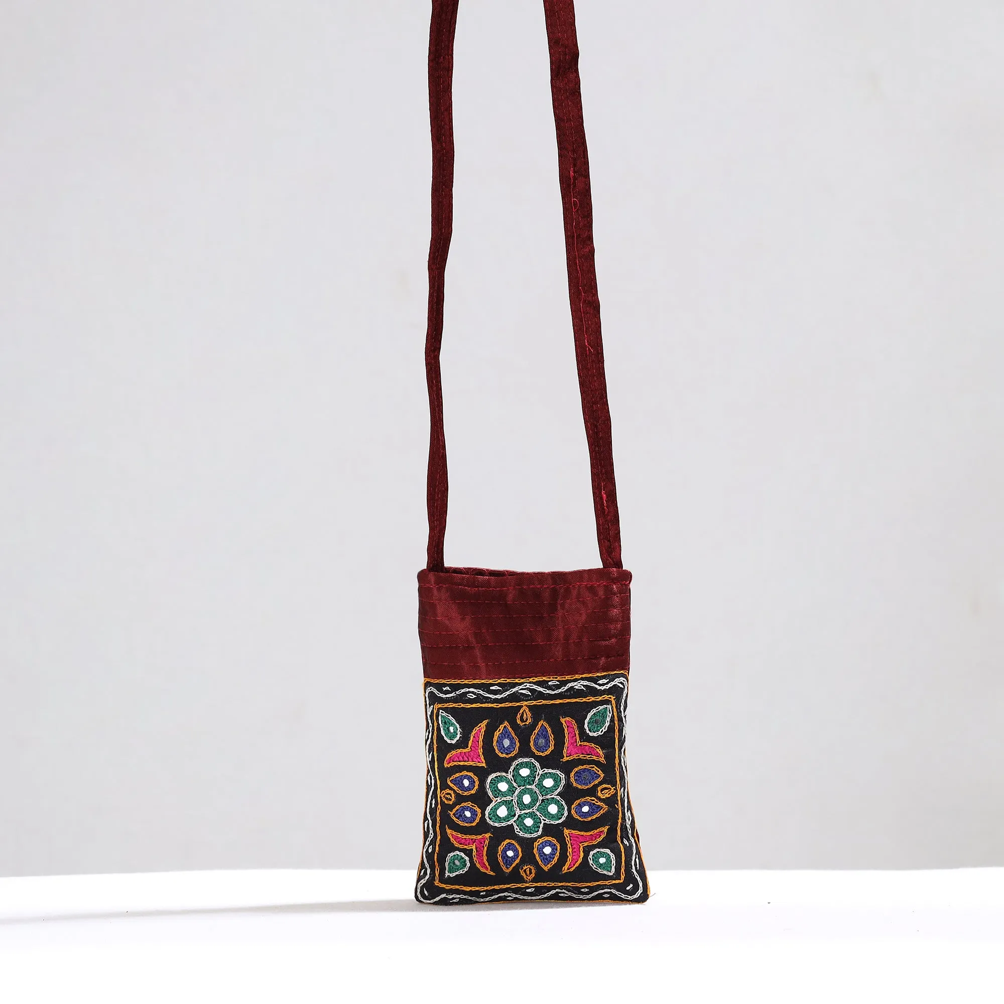 Maroon - Kutch Pakko Hand Embroidery Mirror Work Mashru Silk Sling Bag 84