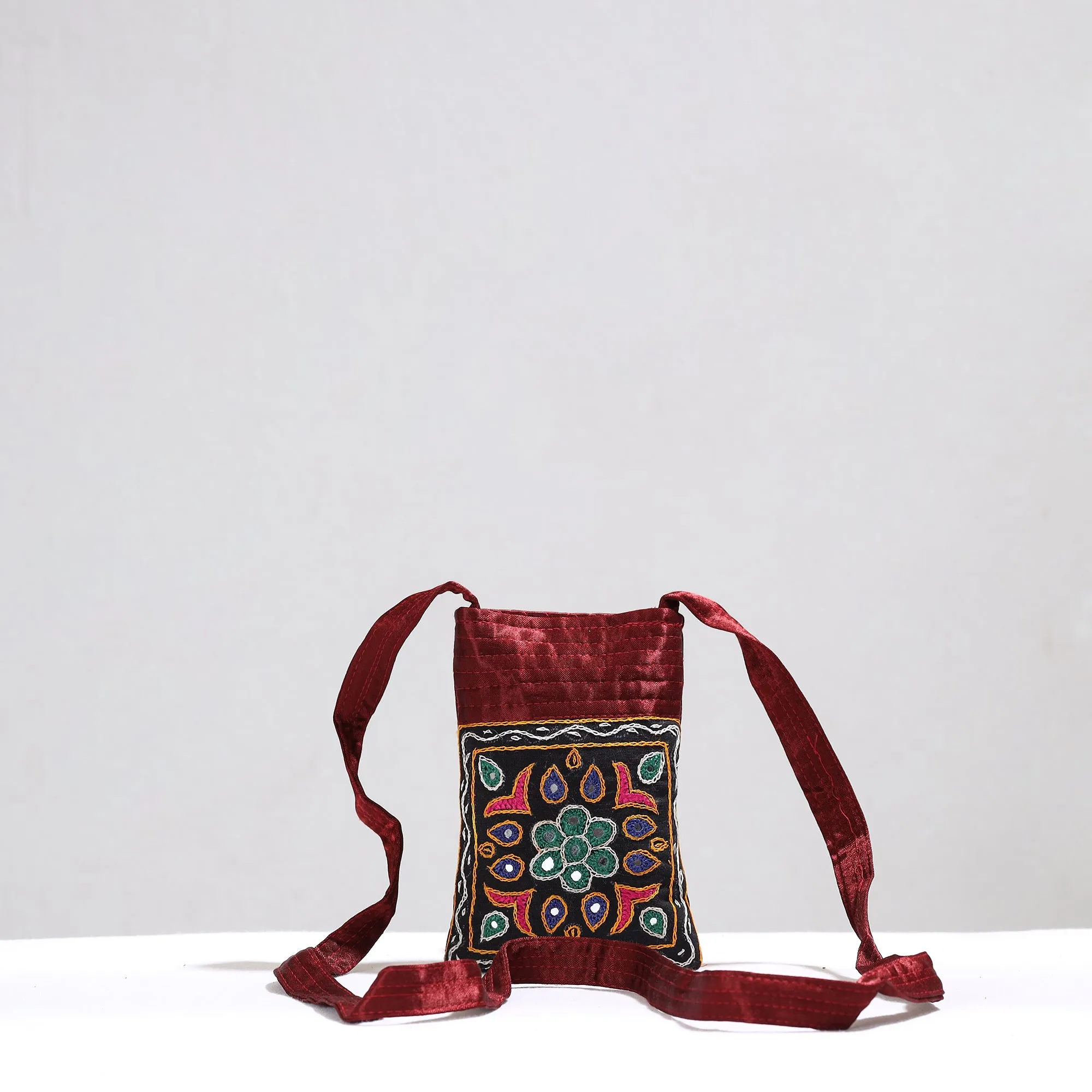 Maroon - Kutch Pakko Hand Embroidery Mirror Work Mashru Silk Sling Bag 84