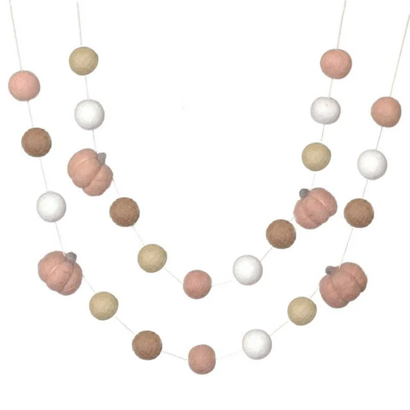 Matthew   Mae - Pink & Tan Felt Pumpkin Garland- Pale Blush, Tans & White