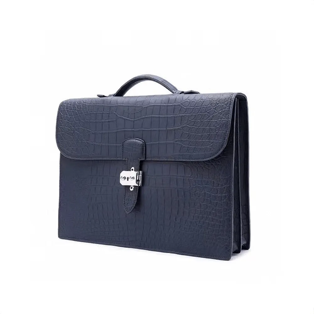 Mens Crocodile Leather Briefcase Dark Blue