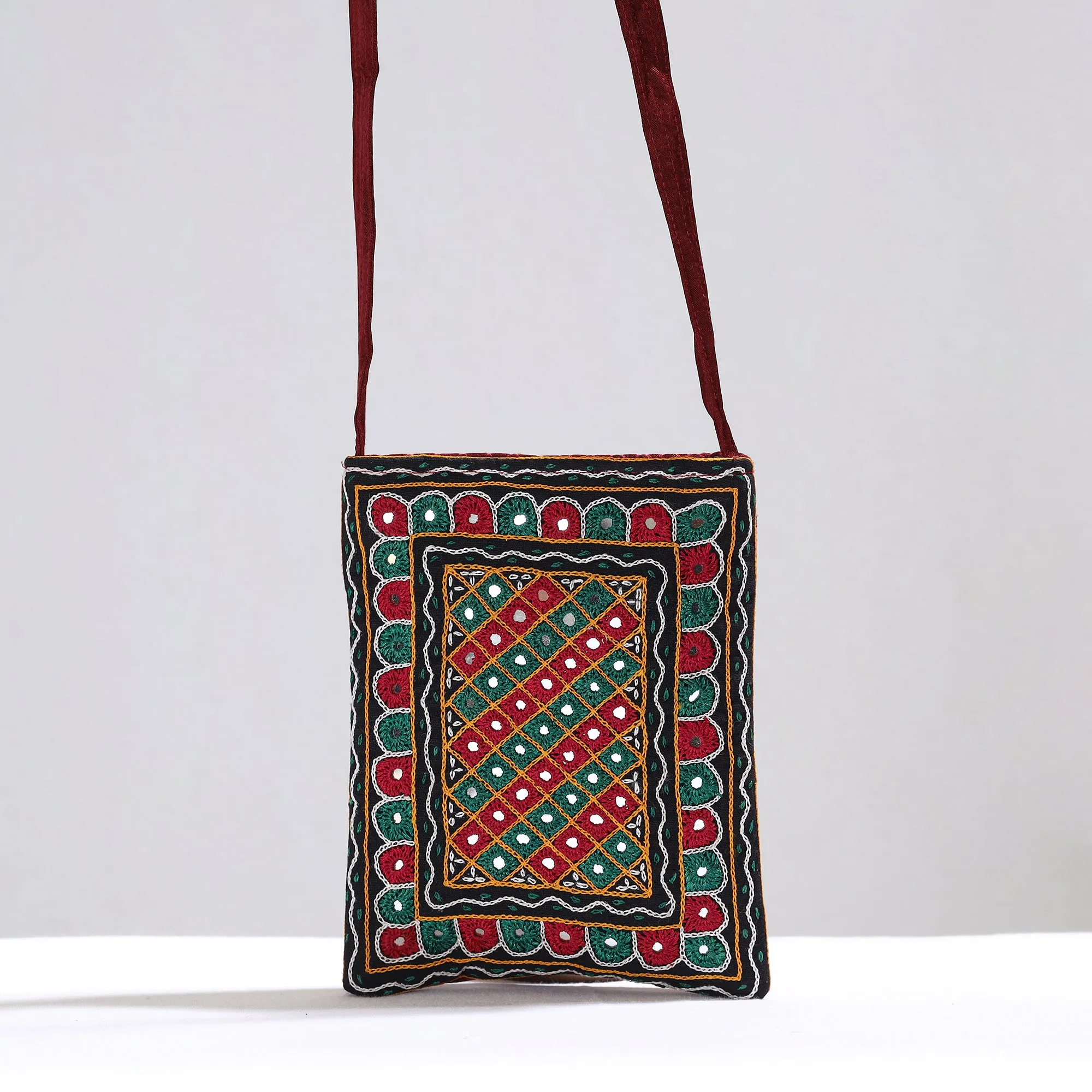 Multicolor - Kutch Abhla Hand Embroidery Mirror Work Mashru Silk Sling Bag 02