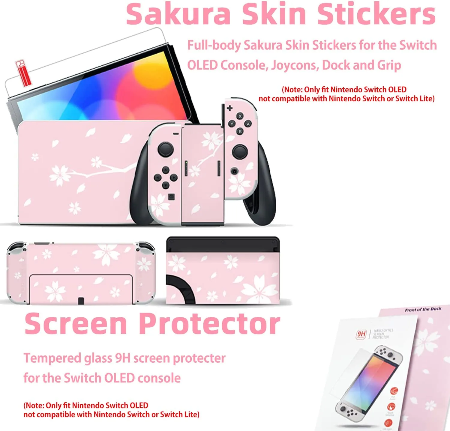 Mytrix Sakura Pink Carrying Case 4 in 1 Bundle for Nintendo Switch OLED, Skin Stickers, Screen Protector, 2 Joystick Caps