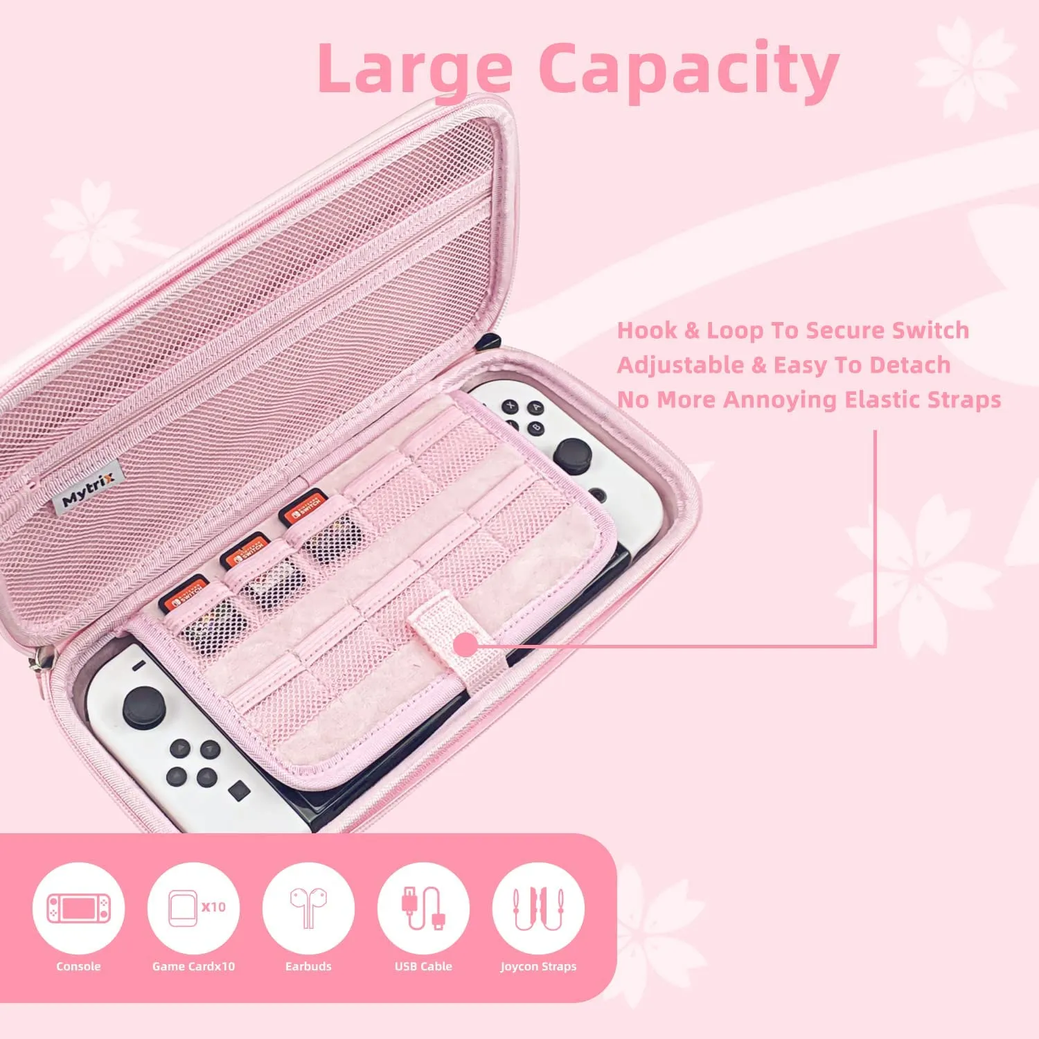 Mytrix Sakura Pink Carrying Case 4 in 1 Bundle for Nintendo Switch OLED, Skin Stickers, Screen Protector, 2 Joystick Caps