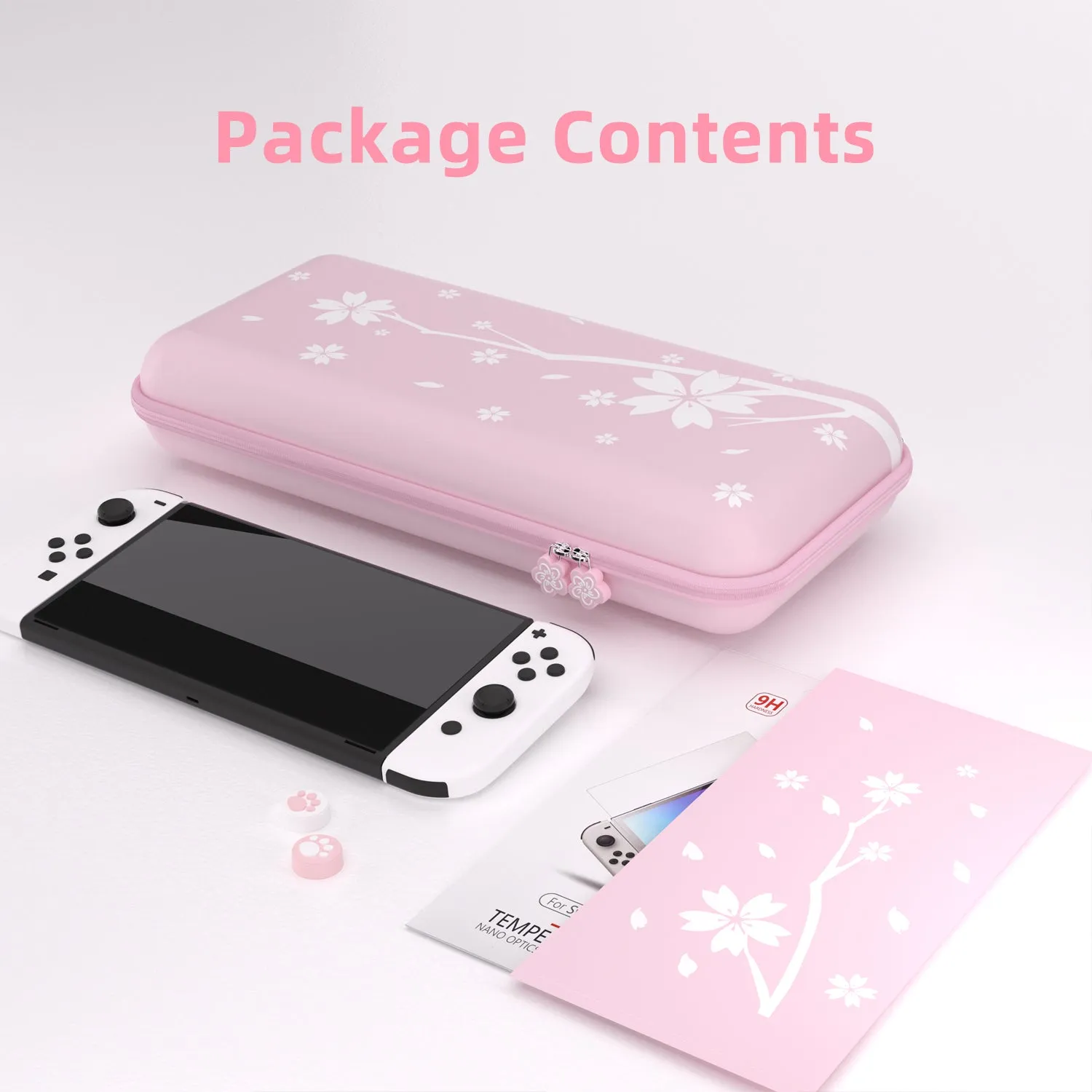 Mytrix Sakura Pink Carrying Case 4 in 1 Bundle for Nintendo Switch OLED, Skin Stickers, Screen Protector, 2 Joystick Caps