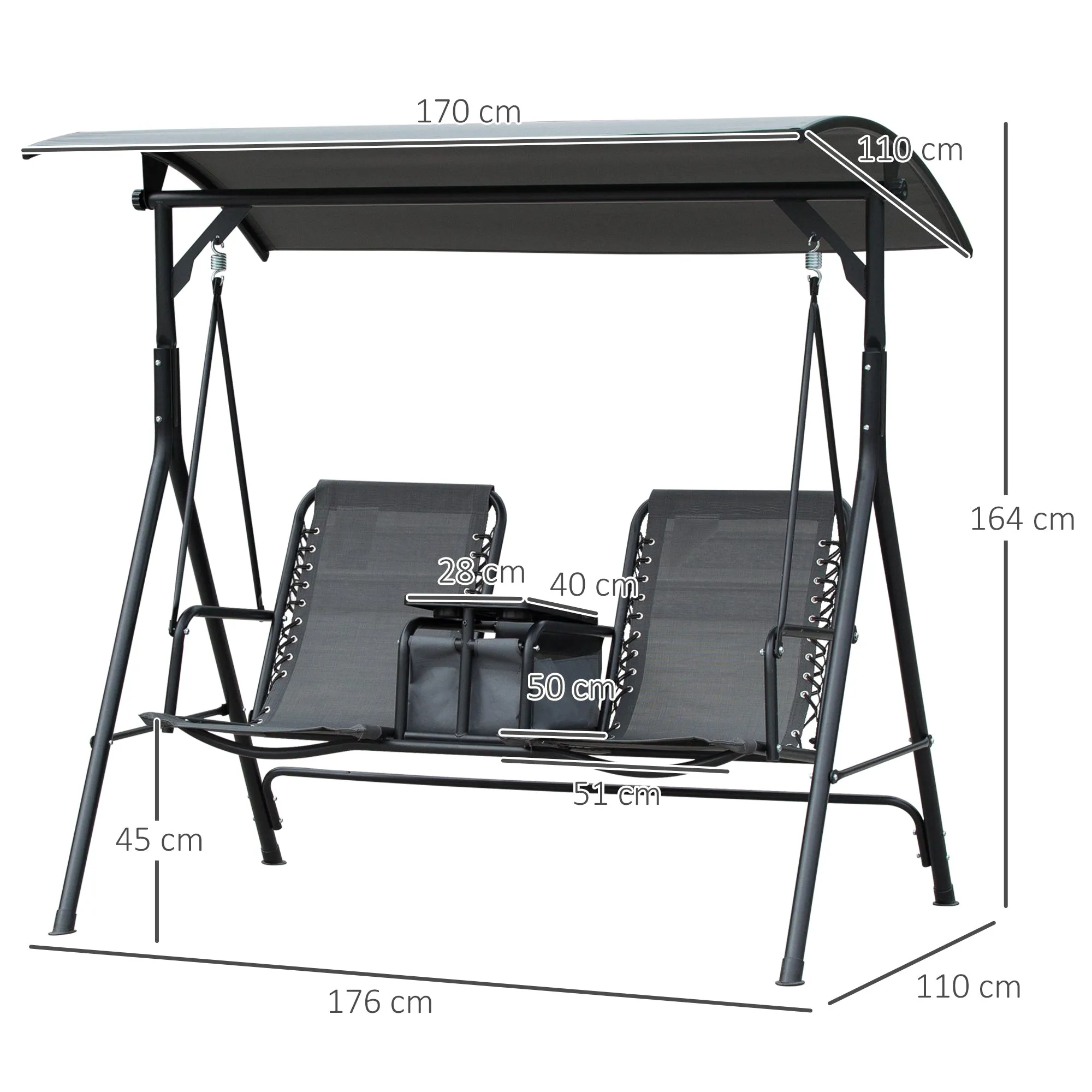 Outsunny 2 Person Swing Chair with Pivot Table & Middle Storage Console, Grey