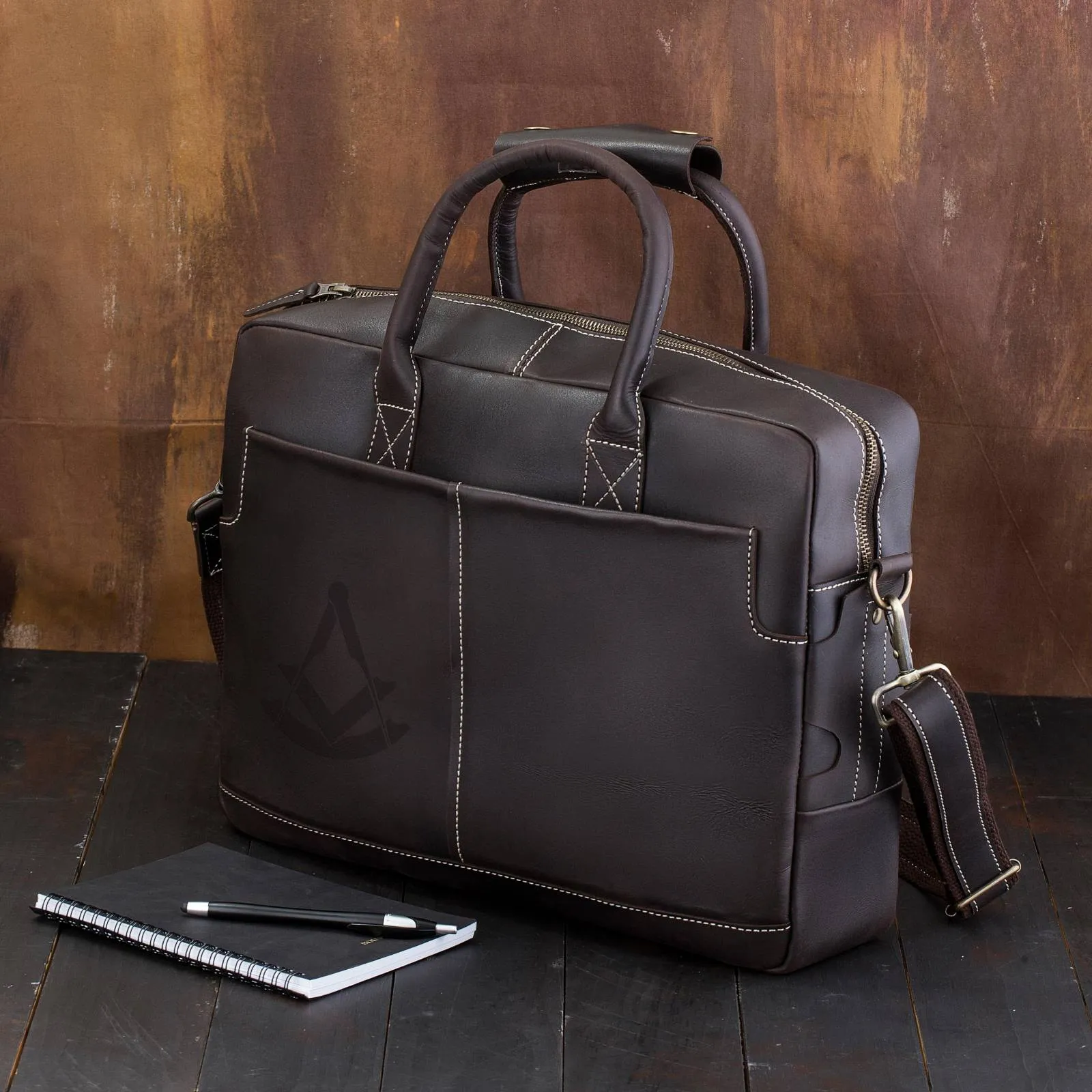 Past Master Blue Lodge Briefcase - Matte Brown Leather