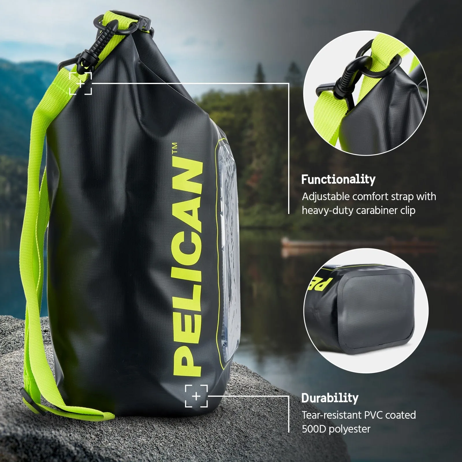 Pelican Marine Waterproof 5L Dry Bag (Black/ Hi Vis Yellow) - Phone Pouch