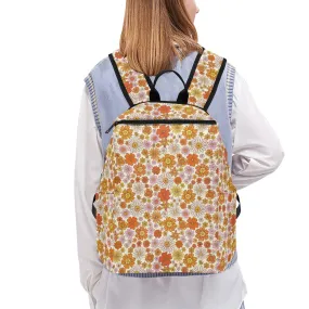 Pink Floral Backpack, Retro Vintage 70s Flowers Men Women Kids Gift Him Her School College Cool Waterproof Side Pockets Laptop Aesthetic Bag