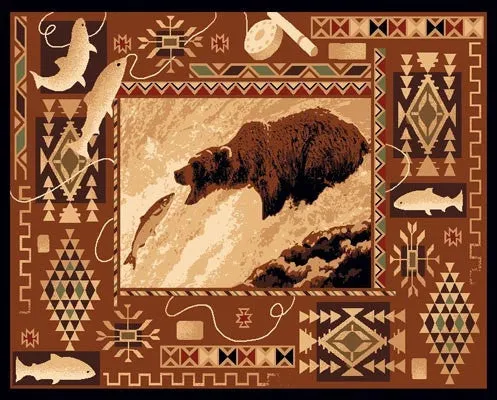 "Fishing Bear" Rustic Cabin Area Rug - 4 x 5