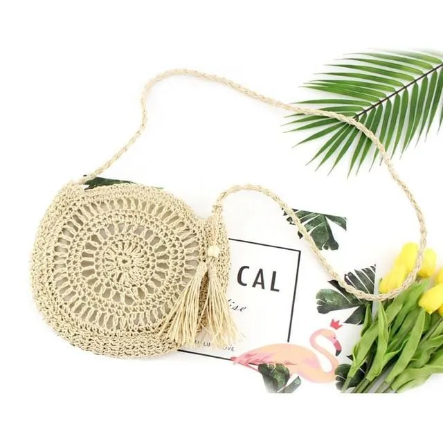 Rattan Tassel Crossbody Bag - Beige