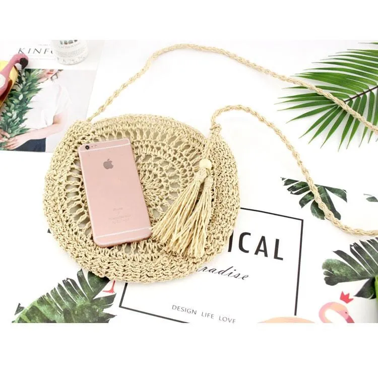 Rattan Tassel Crossbody Bag - Beige