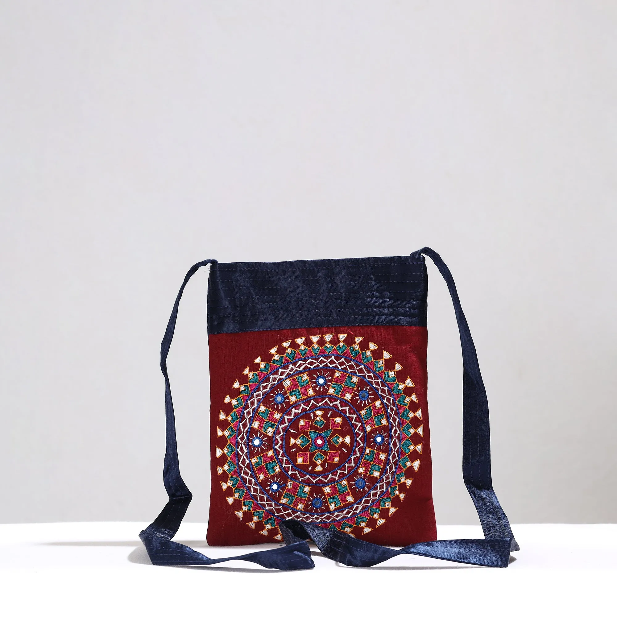 Red - Kutch Neran Hand Embroidery Mirror Work Mashru Silk Sling Bag 10