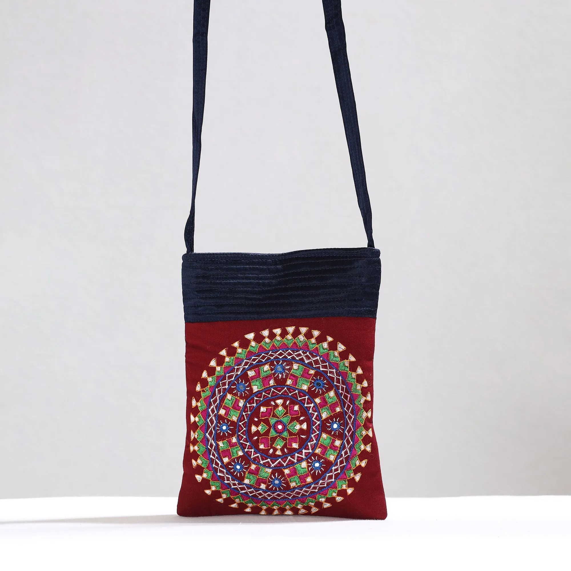 Red - Kutch Neran Hand Embroidery Mirror Work Mashru Silk Sling Bag 15