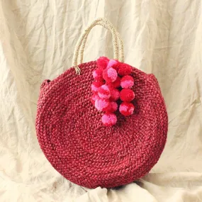 Red Luna Bag - Round Handwoven Straw Tote Bag