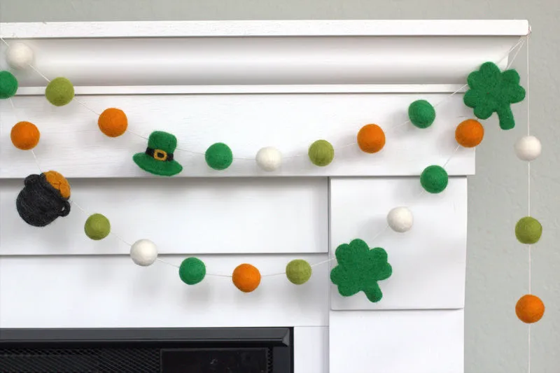 St. Patrick's Day Garland- Shamrock, Pot of Gold & Leprechaun Hat- Orange, Green