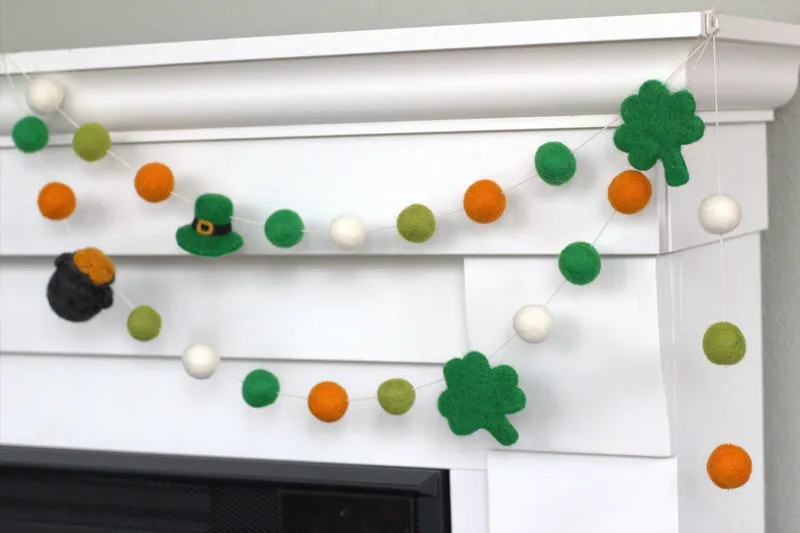 St. Patrick's Day Garland- Shamrock, Pot of Gold & Leprechaun Hat- Orange, Green