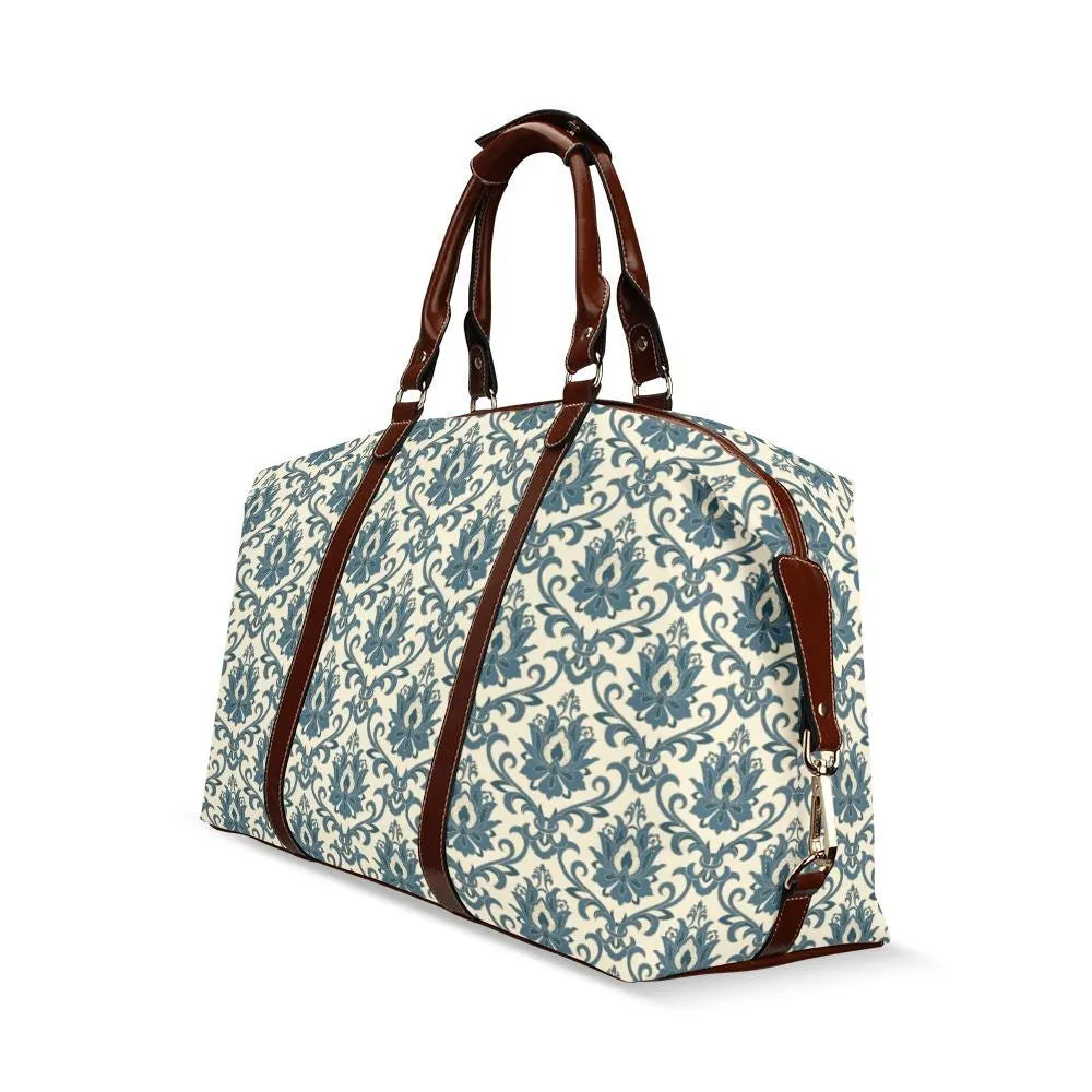 Teal Damask Travel Bag, Retro Bag, Elegant Damask Duffel Bag, Vintage Style Bag, Weekender Bag