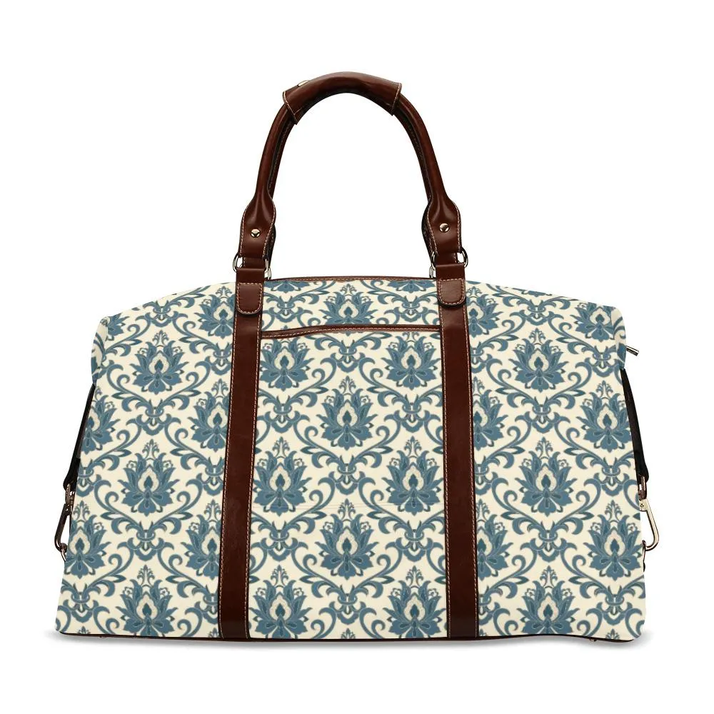 Teal Damask Travel Bag, Retro Bag, Elegant Damask Duffel Bag, Vintage Style Bag, Weekender Bag