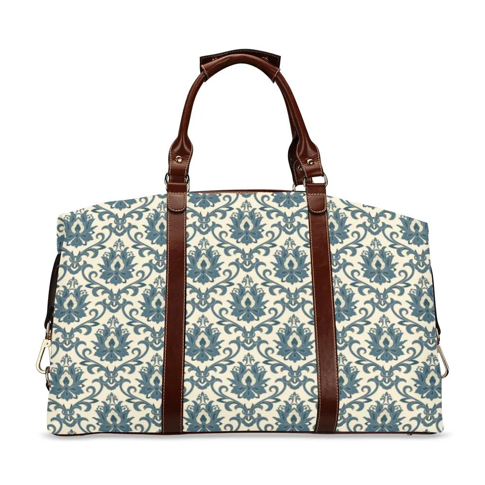 Teal Damask Travel Bag, Retro Bag, Elegant Damask Duffel Bag, Vintage Style Bag, Weekender Bag