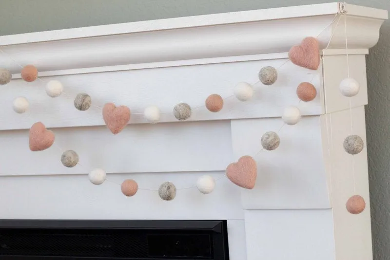 Valentine's Day Felt Ball & Heart Garland- Pale Pink, Gray, White