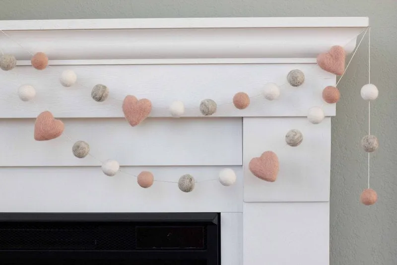 Valentine's Day Felt Ball & Heart Garland- Pale Pink, Gray, White