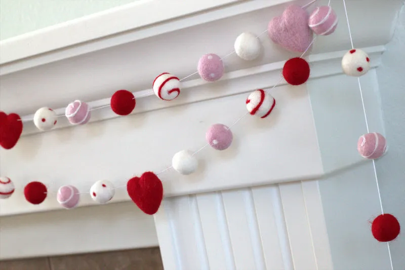 Valentine's Day Felt Ball & Heart Garland- Red, Pink- Swirls & Dots