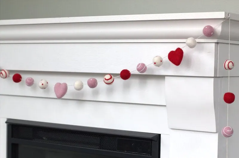 Valentine's Day Felt Ball & Heart Garland- Red, Pink- Swirls & Dots