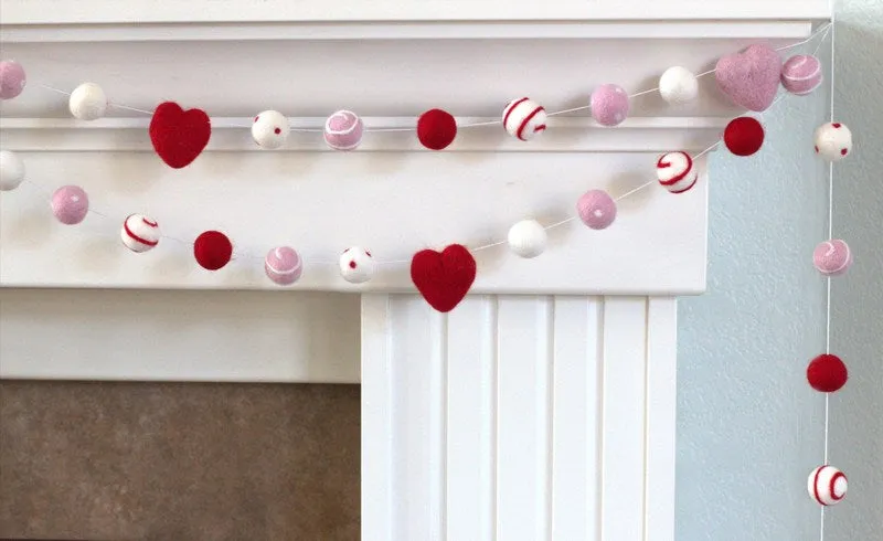 Valentine's Day Felt Ball & Heart Garland- Red, Pink- Swirls & Dots