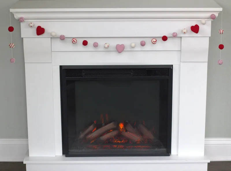 Valentine's Day Felt Ball & Heart Garland- Red, Pink- Swirls & Dots