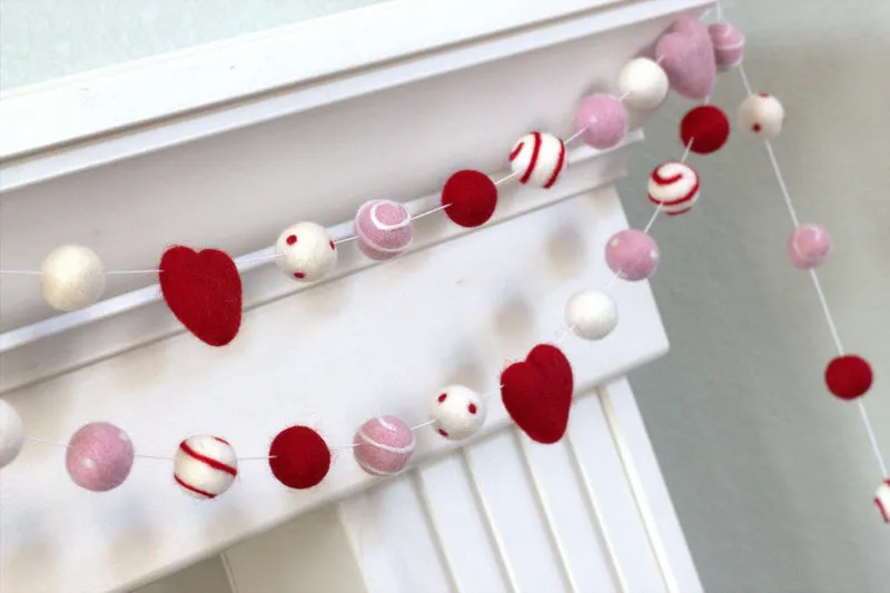 Valentine's Day Felt Ball & Heart Garland- Red, Pink- Swirls & Dots